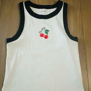 Old Navy Women’s White Tank Top with Black Trim and Cherry Embroidery